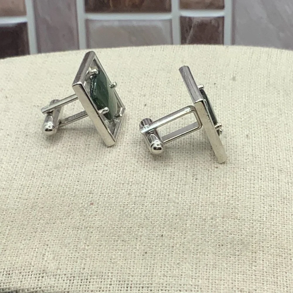 Sarah Coventry Green Resin Silver Tone Square Cuff Links